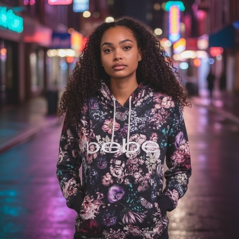 Bebe Sport Floral Logo Pullover Hoodie Black Multicolor Women Medium